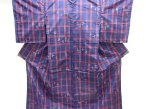 格子に絣柄織り出し米沢紬着物